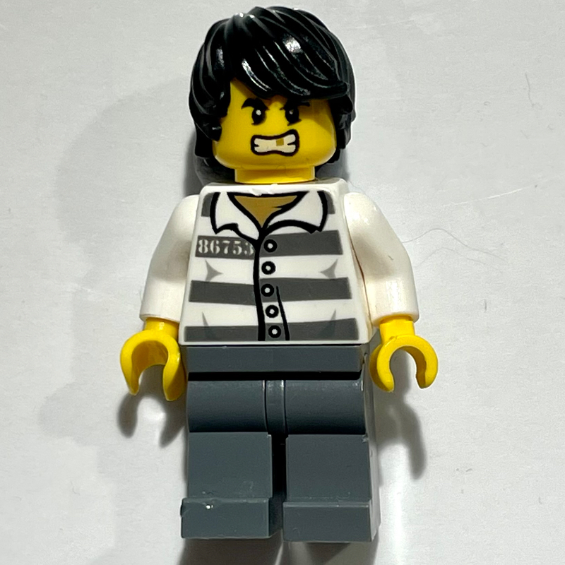 Lego Criminal, Prison Shirt with #86753, Dark Bluish Gray Legs, Black Hair, Gold Tooth