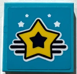 Tile 2 x 2 with Yellow Star, 3 Black Lines, and 4 White Stars Pattern (Sticker) - Set 41372 / Medium Azure