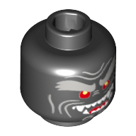 Lego Minifig Head Garmadon, Light Bluish Gray Face Lines, Bushy Eyebrows, Red Eyes with Yellow Pupils, Open Mouth Smile Left Raised with Fangs and Red Tongue Print [Hollow Stud] / Black