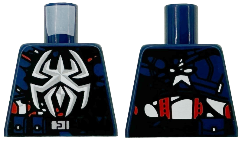 Lego Torso Armor, Silver and White Spider Logo, Red Stripes, Black Symbiote Tendrils, Utility Belt with Buckle, Star on Back Pattern