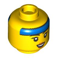 Lego Minifig Head, Blue Sweatband, Dark Pink Lips, Small Open Mouth Smile / Closed Eyes Lopsided Grin print / Yellow