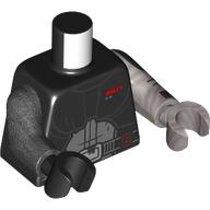 Lego Torso, Odd Arms and Hands, Black/Dark Bluish Grey Armor Silver Belt, Red Indicator print, Left Flat Silver Arm and Hand, Right Pearl Titanium Arm and Black Hand / Black