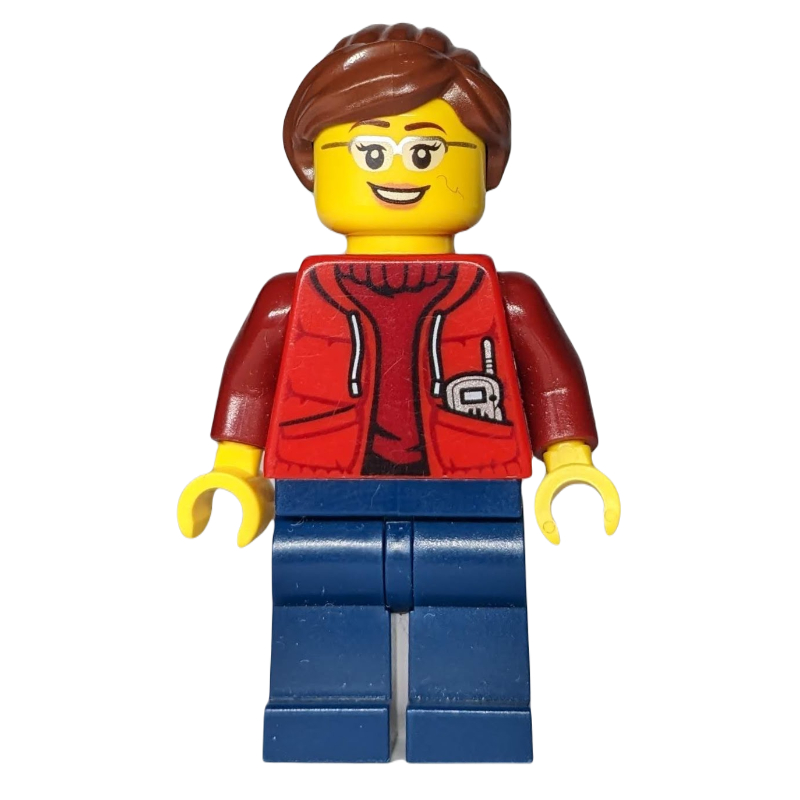 Lego Marine Explorer, Woman, Open Red Jacket over Dark Red Sweater, Reddish Brown Hair, Glasses