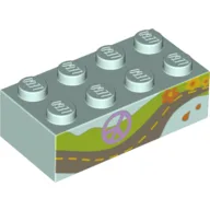 Brick 2 x 4 with Peace Symbol, Road, and Flowers Print / Light Aqua