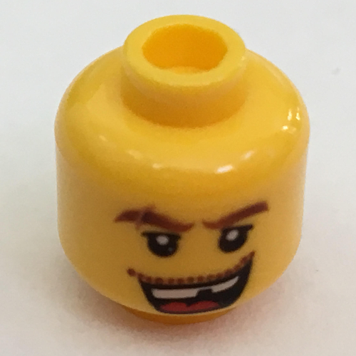 Lego Minifig Head, Thick Brown Eyebrows with Scar, Open Mouth with Missing Tooth, White Pupils Print [Hollow Stud] / Yellow