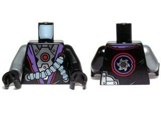 Lego Torso Ninjago Robe with Purple Sash, Mechanical Parts and Silver Saw Blade Pattern / Black Arm Left / Flat Silver Arm Right / Black Hands