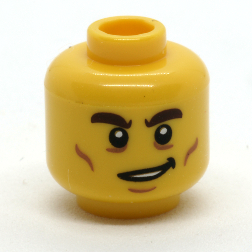 Lego Minifig Head, Dark Brown Eyebrows, Cheek Lines, Crooked Smile print / Yellow