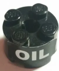 Brick, Round 2 x 2 with Axle Hole with White 'OIL' Pattern (Sticker) - Set 8161