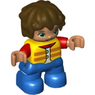 Duplo Figure Child with Short Wavy Hair Brown, Blue Legs, Red Arms, Yellow Life Vest Print / Yellow