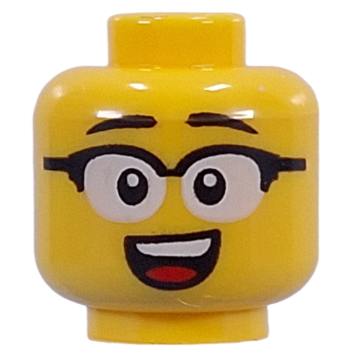 Lego Minifig Head White Glasses, Black Frame, Open Mouth Smile / Worried, Crooked Glasses, Scratch Marks / Yellow