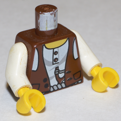 Lego Torso Vest over White Shirt, Slingshot / LEGO Logo on Back Print, White Arms, Yellow Hands / Brown