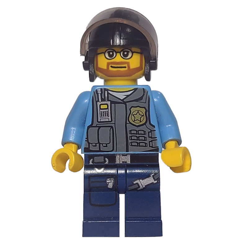 Lego Policeman, Dark Bluish Gray Vest with Radio, Badge and Pouches over Medium Blue Shirt, Black Helmet with Visor, Beard and Glasses