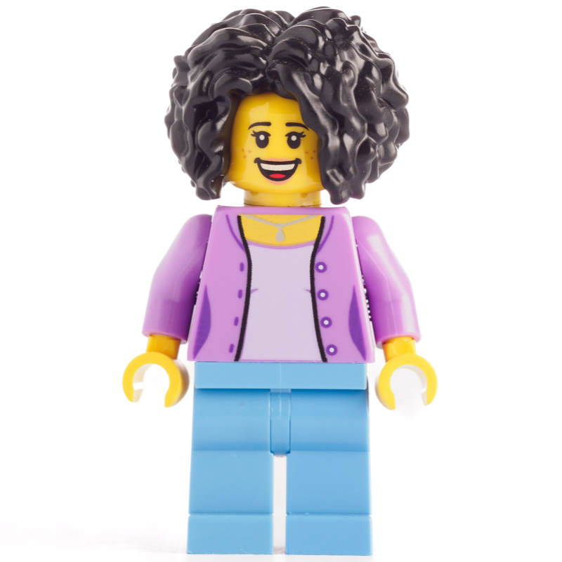 Lego Medium Lavender Torso, Medium Blue Legs, Black Hair