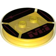 Function Brick Round 4 x 4 x 2/3 with 2 Studs and Red Lines and 'M:I' on Black Background Print / Trans-Yellow