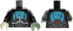 Torso Dark Bluish Gray Tire and Mechanical Frame, Silver Handlebars, Medium Azure Mudguard, Fish Bones and Red Taillights on Back Pattern / Black Arms with Silver Armor and Bolts Pattern / Sand Green Hand Left / White Hand Right / Black