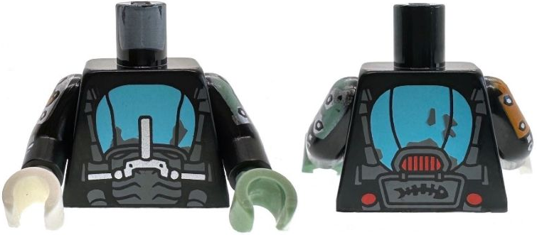 Lego Torso Dark Bluish Gray Tire and Mechanical Frame, Silver Handlebars, Medium Azure Mudguard, Fish Bones and Red Taillights on Back Pattern / Black Arms with Silver Armor and Bolts Pattern / Sand Green Hand Left / White Hand Right