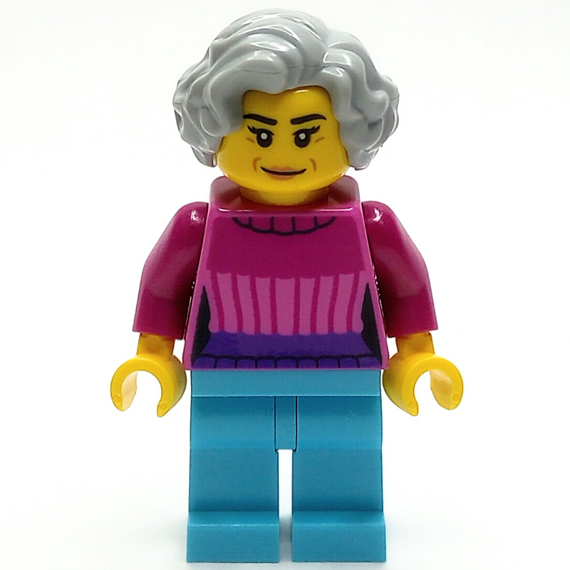 Lego Woman, Dark Pink Top, Medium Azure Legs, Light Bluish Gray Hair