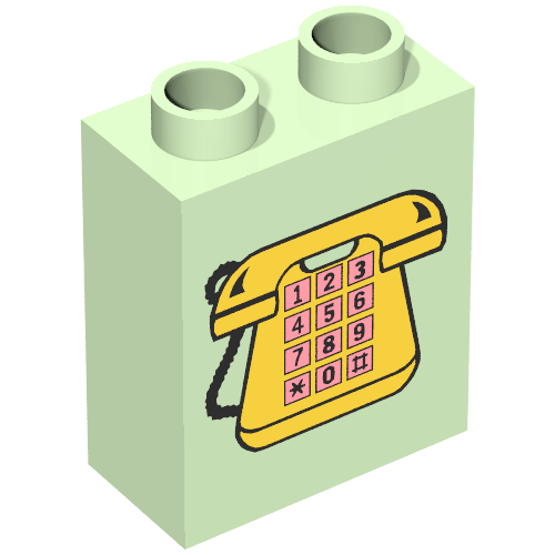 Lego Duplo Brick 1 x 2 x 2 with Yellow Telephone, and Pink Buttons Print / Light Green