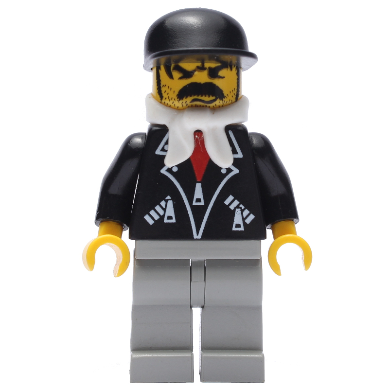 Lego Man - Black Jacket, Light Gray Legs, White Bandanna, Black Cap