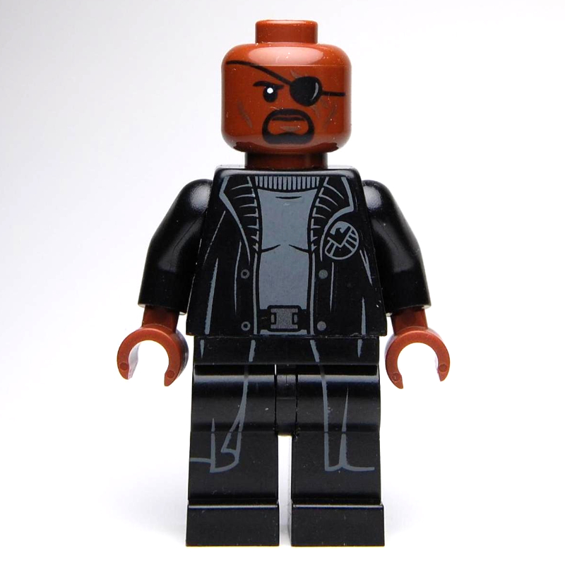 Lego Nick Fury in Long Black Coat Over Gray Sweater, No Line on Hips