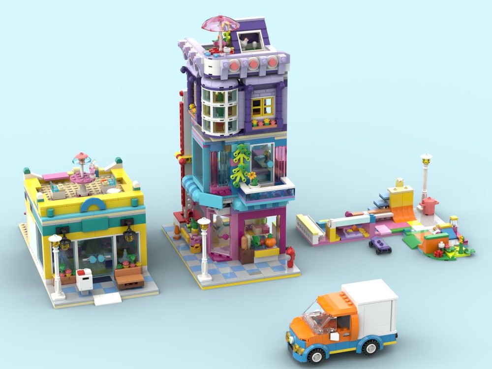 Lego Spanish market with duplex apartment, Salon, and Skatepark - alternate build of set#41704 friends main street