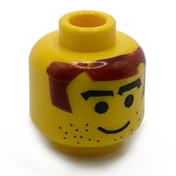 Minifig Head Soccer Player / Hockey Player, Brown Hair, Thick Arched Eyebrows and Stubble Print [Blocked Open Stud] / Yellow