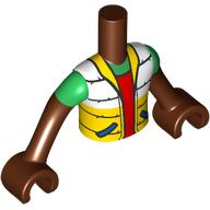Lego Minidoll Torso Boy with Reddish Brown Arms and Hands with White/Yellow Puffed Jackers, Bright Green Sleeves, Red Shirt print / Reddish Brown