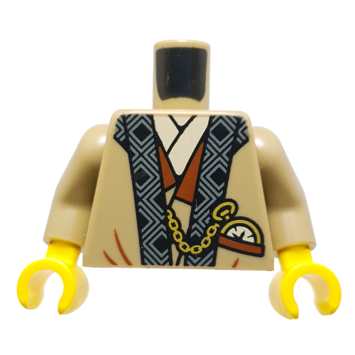 Lego Torso, Robe, Black/White Time, Tan Shirt, Yellow Pocket Watch print, Dark Tan Arms, Yellow Hands / Dark Tan