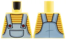 Torso Bright Light Blue Overalls with Pocket and Red Buttons over Shirt with Medium Nougat Stripes Pattern / Bright Light Yellow