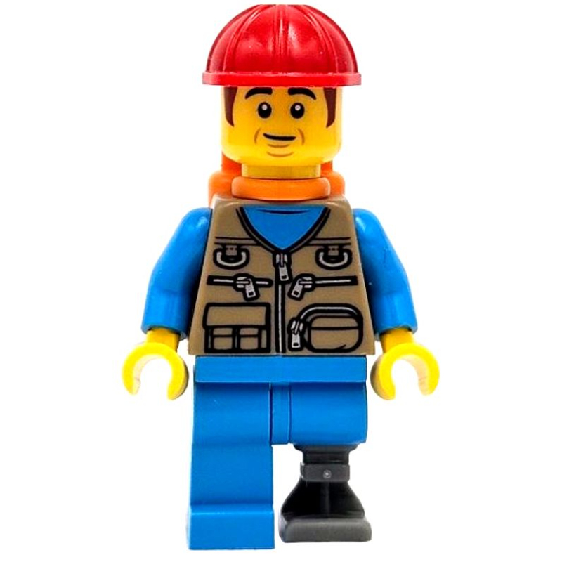 Lego Train Work, Dark Tan Torso, Dark Azure Legs, Prosthetic Leg, Red Hat, Orange Air Tanks
