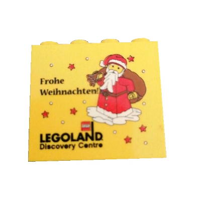 Lego Brick 2 x 4 x 3 with 'LEGOLAND Discovery Centre Frohe Weihnachten and Santa Claus' Print / Yellow