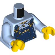 Lego Torso Overalls, Dark Blue with Tan Stitching, Pen, Note, Gold Clasps, Buttons, Shirt print, Bright Light Blue Arms, Yellow Hands / Bright Light Blue
