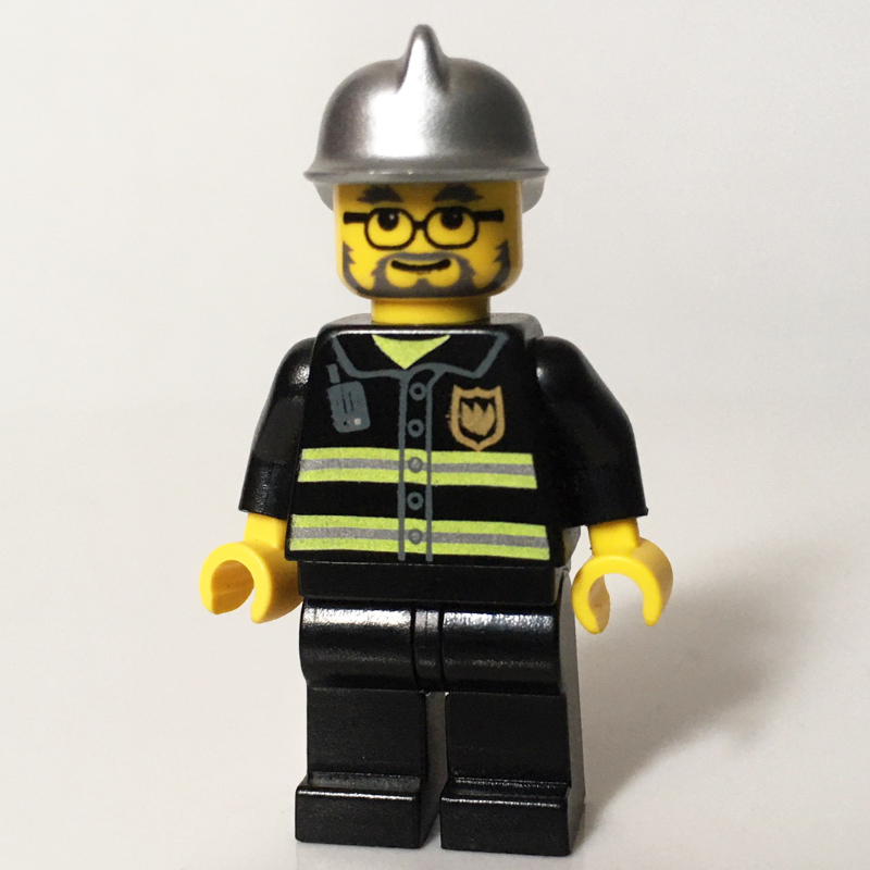Lego Fireman, Black Fire Jacket with Reflective Stripes, Radio, and Badge, Silver Helmet, Beard and Glasses