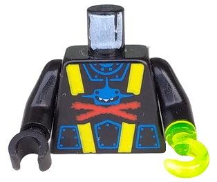 Lego Torso Aquazone Aquashark Blue Shark with Red 'X' Pattern / Black Arms / Black Hand Right / Trans-Neon Green Hook Left