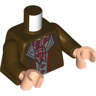 Lego Torso, Jacket, Reddish brown Collar, Pockets, Dark Bluish Grey Shirt, Buttons, Dark Red Striped Handkerchief Tie print, Dark Brown Arms, Light Nougat Hands / Dark Brown
