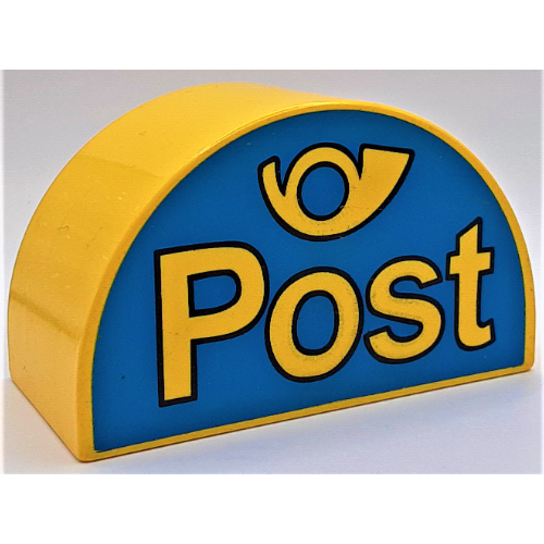 Lego Duplo Brick 2 x 4 x 2 Curved Top with 'Post' and Horn Yellow on Blue Background Print / Yellow