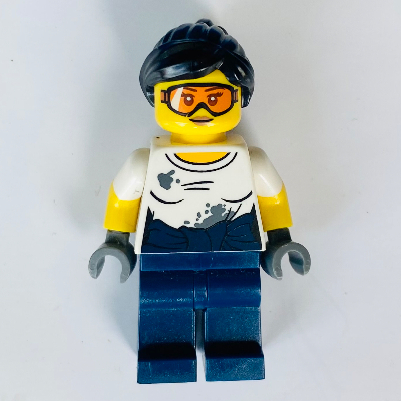 Lego Mechanic, Dirty White Shirt, Dark Blue Legs, Orange Goggles, Woman