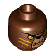 Lego Minifig Head Bladvic, Dual Sided, Bear, Orange Eyes, Medium Nougat Face, Orange Slash Marks Print [Hollow Stud] / Reddish Brown