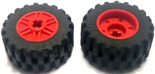 Lego Wheel 18mm D. x 14mm with Axle Hole, Fake Bolts and Shallow Spokes with Black Tire 30.4 x 14 Offset Tread (55982 / 30391)