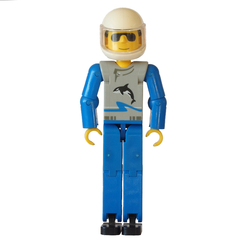 Lego Technic Figure Blue Legs, Light Gray Top with Wave and Orca Print, Blue Arms - White Helmet