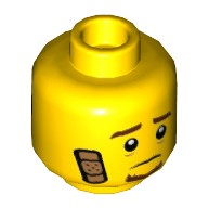 Lego Minifig Head Frankie Lupelli, Brown Eyebrows and Goatee, Bandage, Sad / Black Eye Mask Print / Yellow