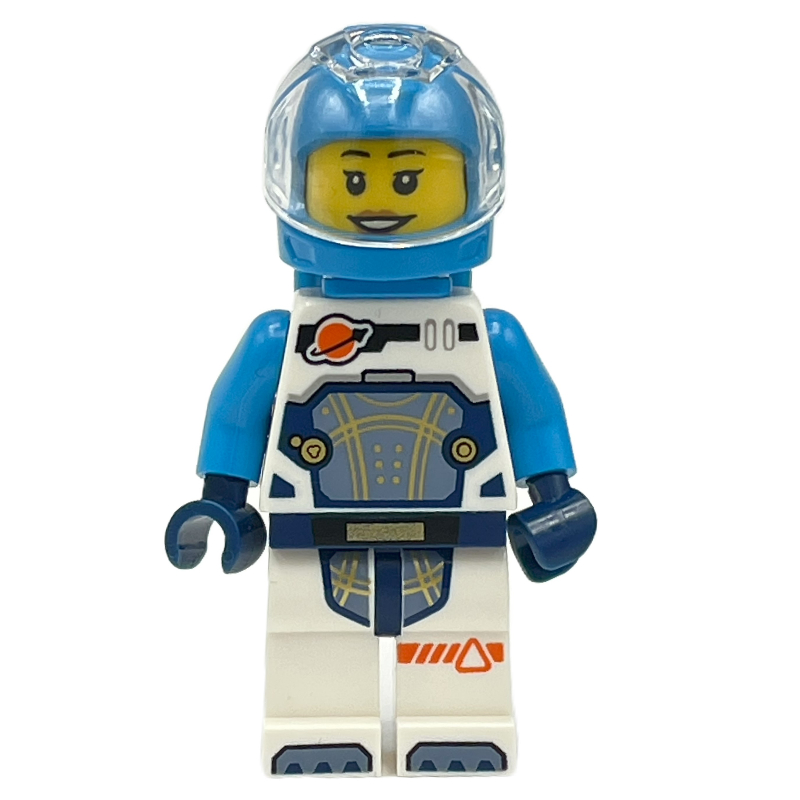 Lego Astronaut, White and Dark Blue Spacesuit, Dark Azure Backpack and Helmet, Earpiece