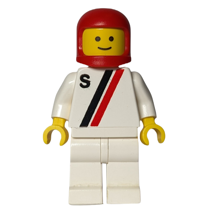 Lego Racer, White Shirt with Two Stripes and 'S', White Legs, Red Helmet