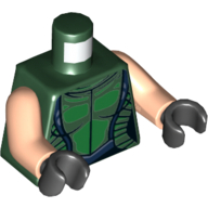 Lego Torso Jumpsuit, Neckline and Lines, Dark Blue Trim and Belt Print, Light Nougat Arms, Black Hands / Dark Green