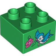 Lego Duplo Brick 2 x 2 with Bluebird and Dark Pink Flower Print / Bright Green