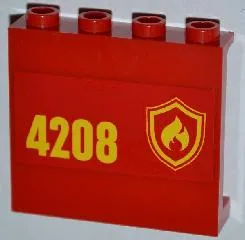 Panel 1 x 4 x 3 with Side Supports - Hollow Studs with Yellow and Red Fire Logo Badge and '4208' on Left Pattern (Sticker) - Set 4208
