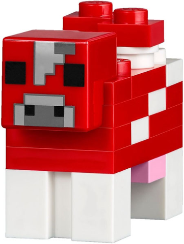 Lego Minecraft Cow, Mooshroom (Red and White, Light Bluish Gray Pixel Between Eyes) - Brick Built