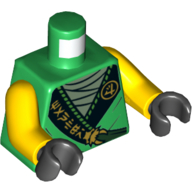 Lego Torso Robe with Black Trim, Sand Green Undershirt Print, Yellow Arms, Black Hands, 'MANTER' version / Green