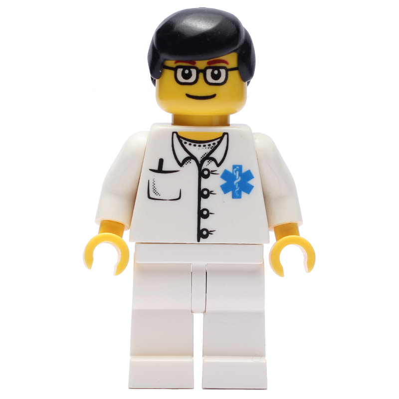 Lego Doctor, White Shirt with Star of Life Logo, Black Hair, Glasses