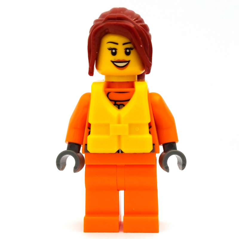Lego Coast Guard, Woman, Orange Jumpsuit, Yellow Life Vest, Dark Red Hair